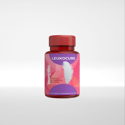 Bottle of Leukocure supplement with a red cap on a light gray background
