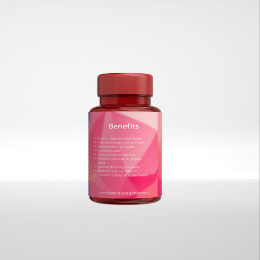 Red supplement bottle with pink label on a light gray background