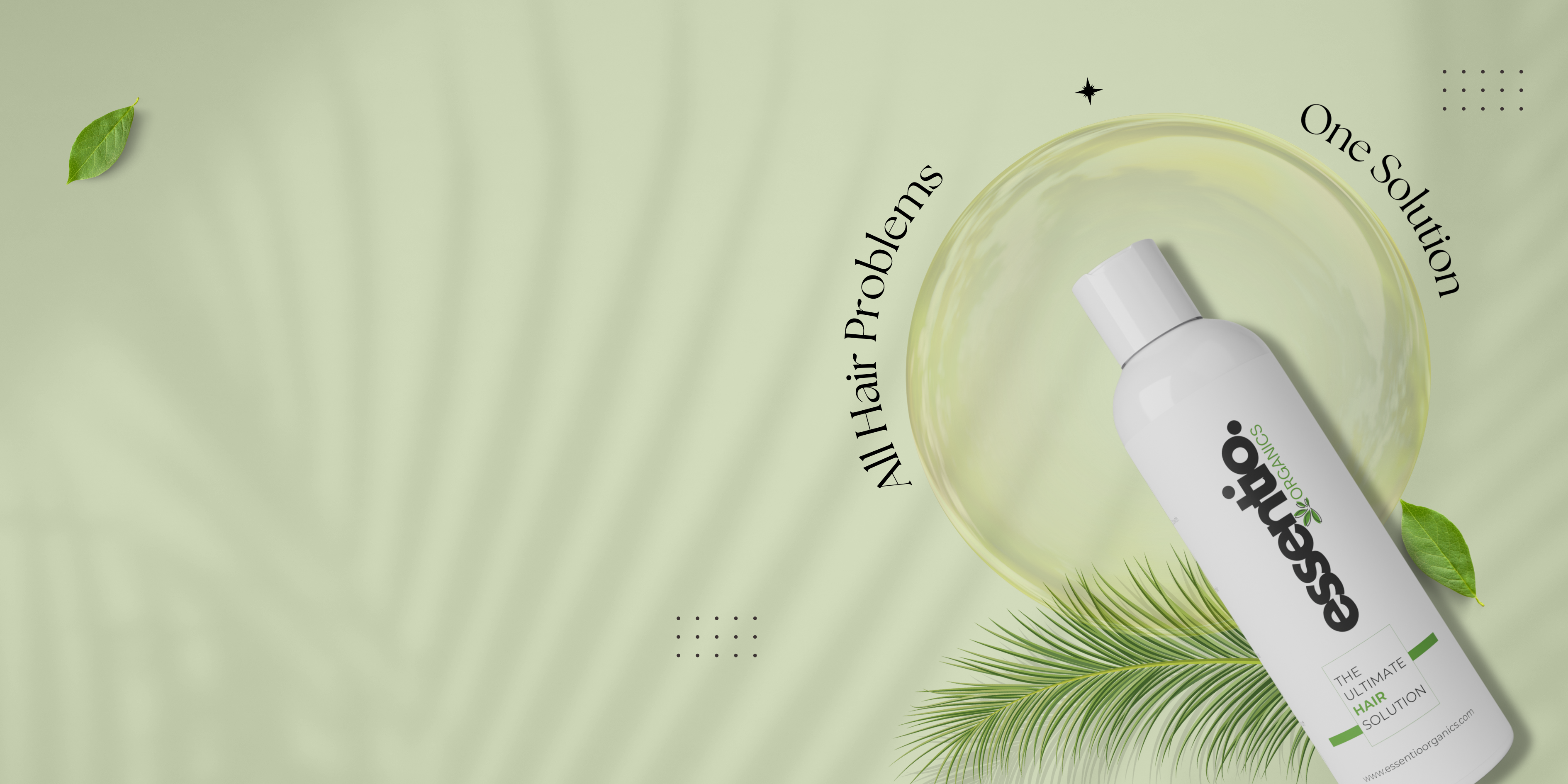 Essento hair care product bottle on a green background with text about hair problems.